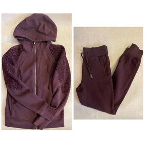 Lululemon special edition embossed floral scuba hoodie and scuba joggers.